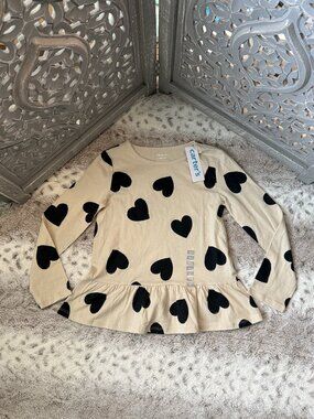 NWT! Carter's cream long sleeve top black hearts girls small preppy winter party